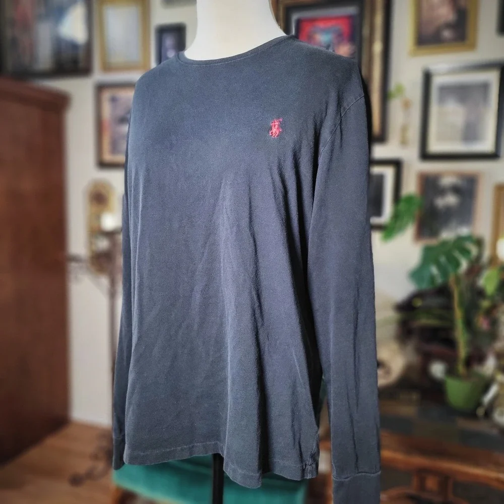 Polo Ralph Lauren Shirt Mens Medium Black Long Sleeve Red Pony Logo Cotton Tee